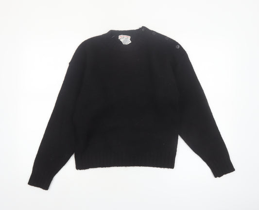Talbots Women Black Wool Crew Neck Button Shoulder Jumper M