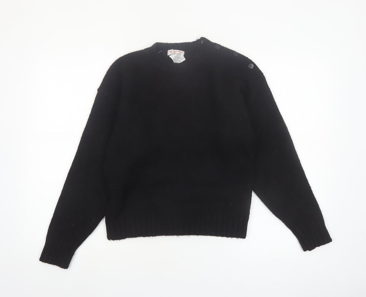 Talbots Women Black Wool Crew Neck Button Shoulder Jumper M