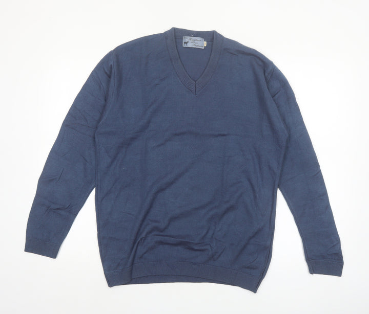 Kashmir Pure Pashmina Men's Blue V-Neck Cashmere Jumper S