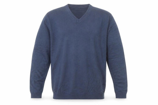 Front view of Kashmir Pure Pashmina Men's Blue V-Neck Cashmere Jumper S