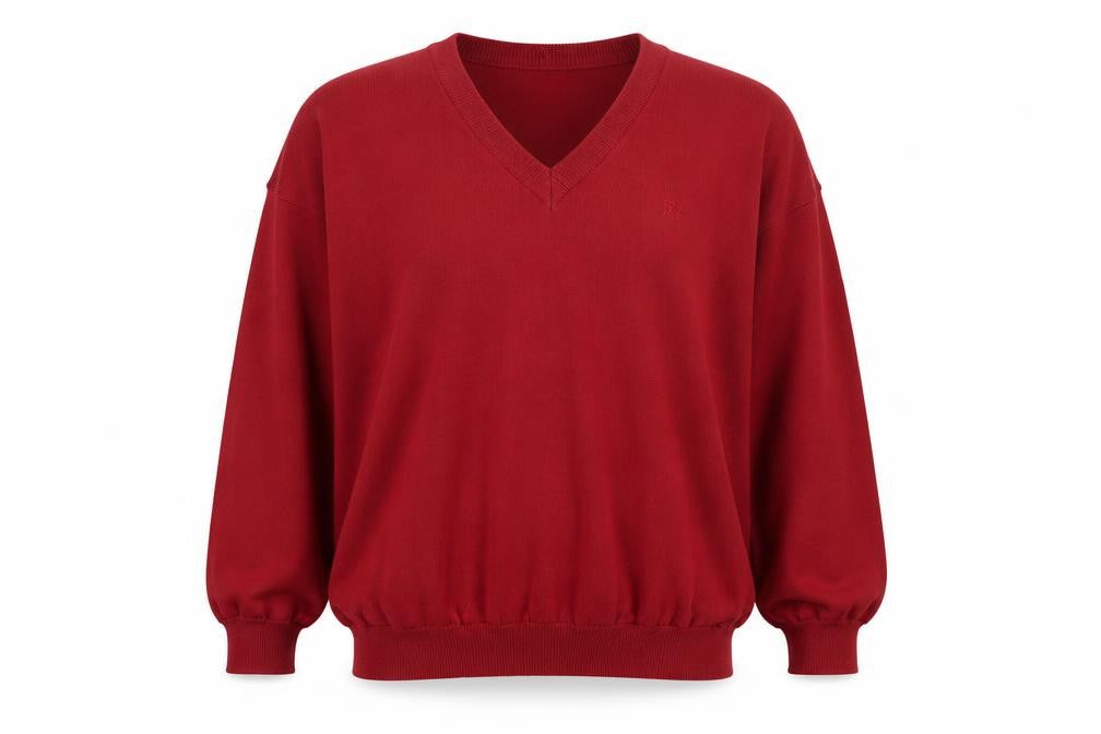 Front view of Red/Green Men's Red Wool V-Neck Classic jumper XL