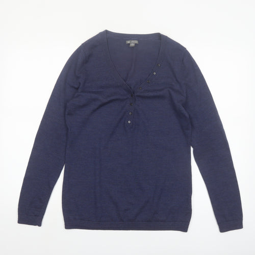Gap Women's Blue Merino Wool Henley Jumper M V-Neck Long Sleeve