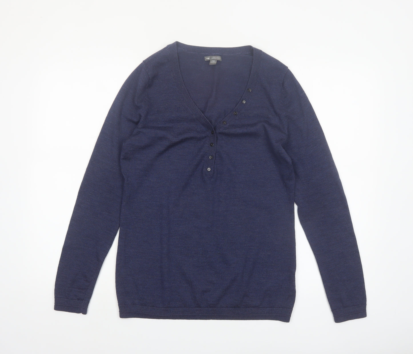 Gap Women's Blue Merino Wool Henley Jumper M V-Neck Long Sleeve