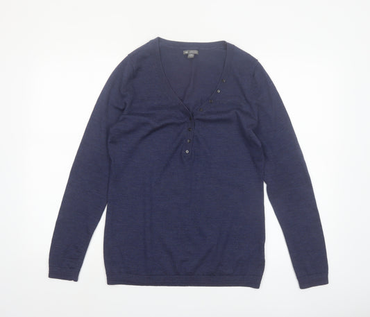 Gap Women's Blue Merino Wool Henley Jumper M V-Neck Long Sleeve