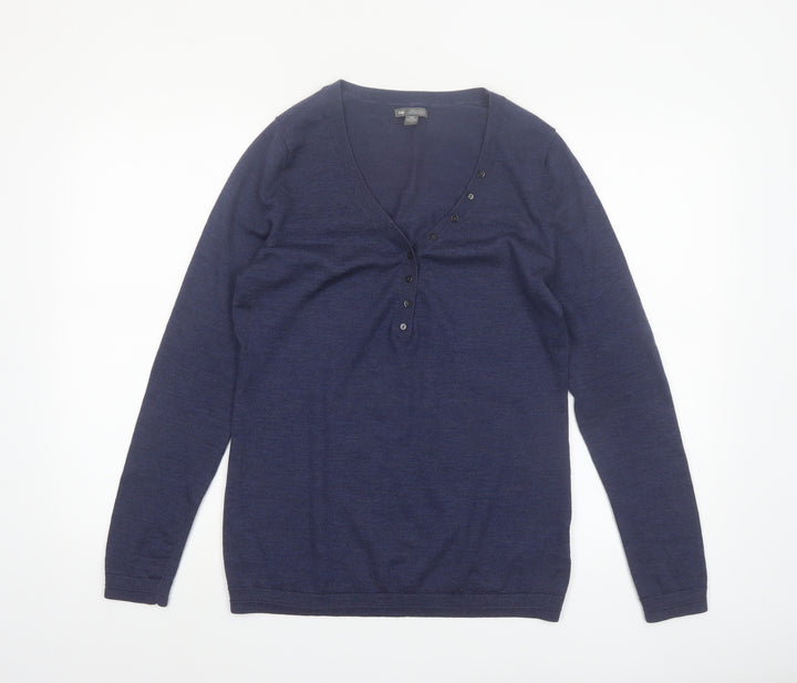 Gap Women's Blue Merino Wool Henley Jumper M V-Neck Long Sleeve