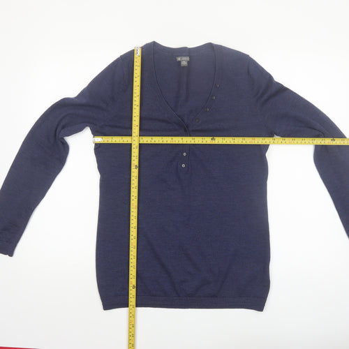 Gap Women's Blue Merino Wool Henley Jumper M V-Neck Long Sleeve