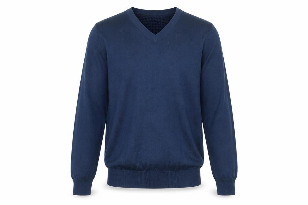 Front view of Point Zero Men's Blue V-Neck Wool Blend Jumper, size S