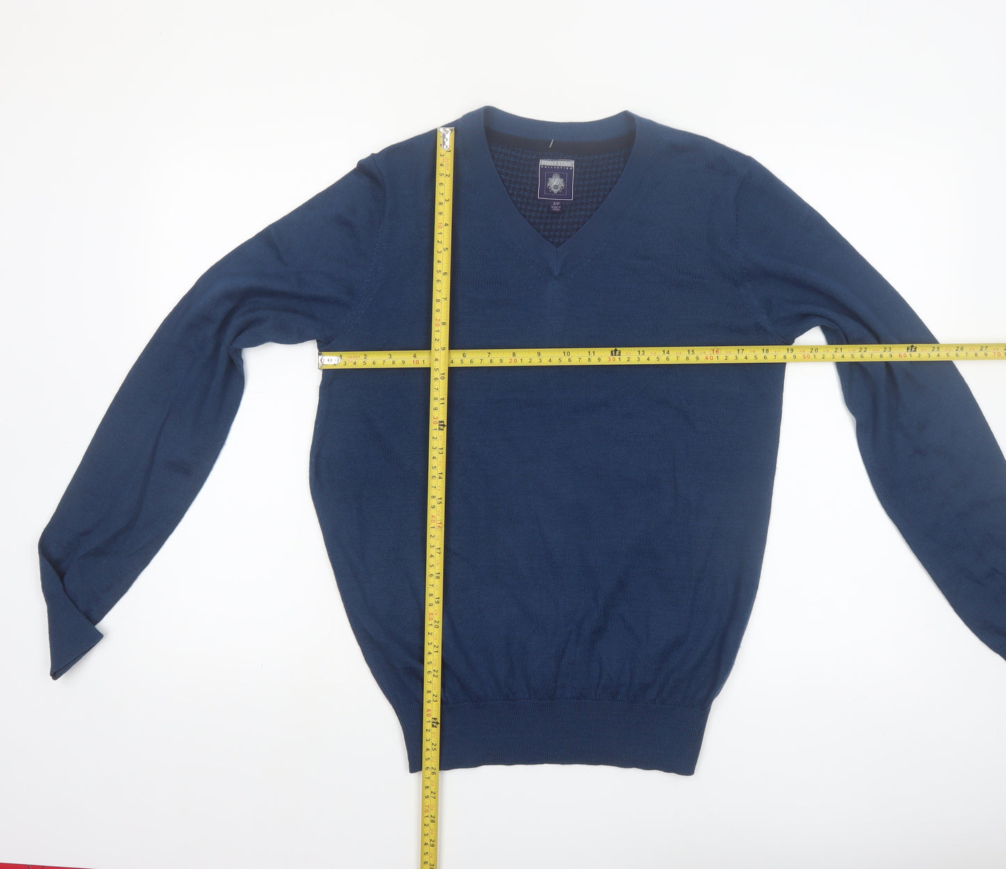 Point Zero Men's Blue V-Neck Wool Blend Jumper Size S
