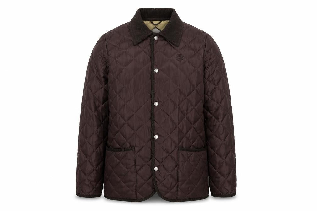 Front view of Schottzysen men’s brown quilted mid-length jacket, size M