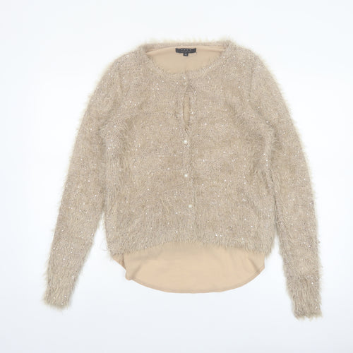 Koan Women Beige Sequin Fuzzy Knit Cardigan Jumper M