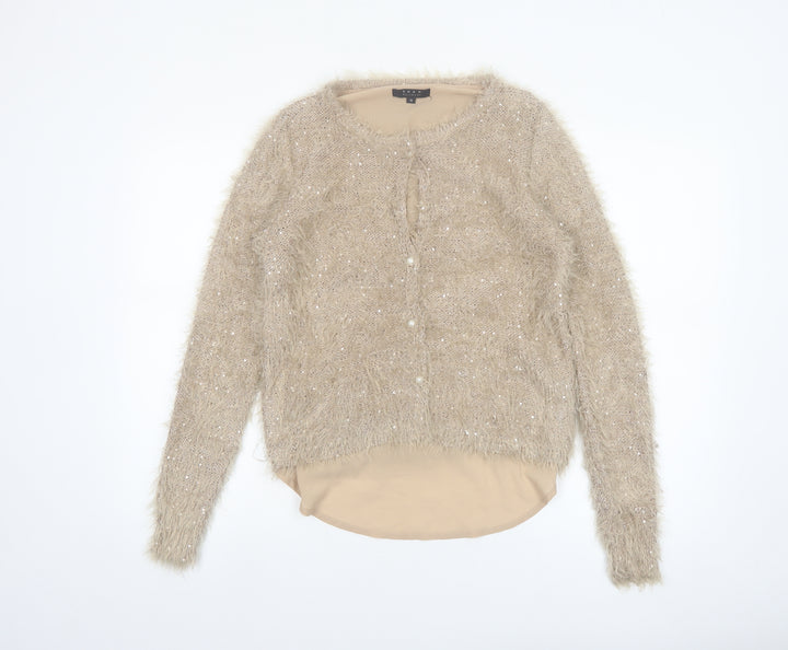 Koan Women Beige Sequin Fuzzy Knit Cardigan Jumper M