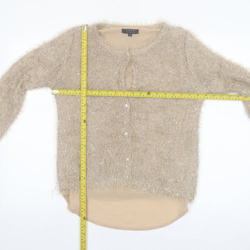 Koan Women Beige Sequin Fuzzy Knit Cardigan Jumper M