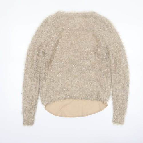 Koan Women Beige Sequin Fuzzy Knit Cardigan Jumper M