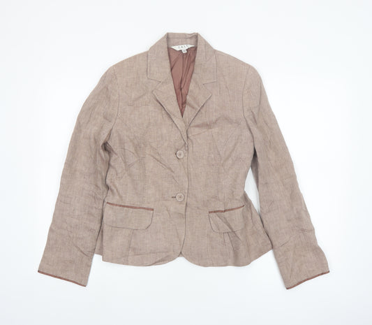 East Women Beige Linen Single-Breasted Blazer Size 10 Two-Button Jacket