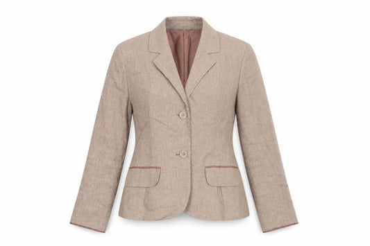 Front view of East Women Beige Linen Single-Breasted Blazer, size 10, Two-Button Jacket
