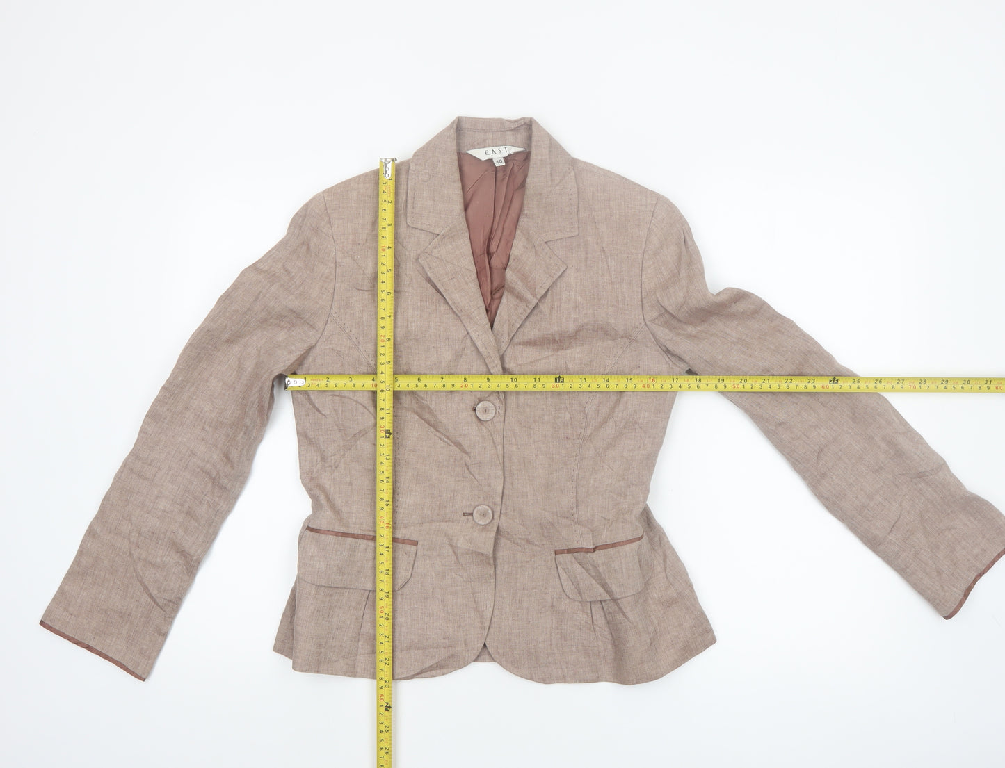 East Women Beige Linen Single-Breasted Blazer Size 10 Two-Button Jacket