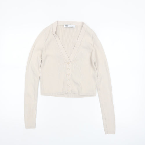 ZARA Women Beige V-Neck Slim Fit Knit Cardigan Size S