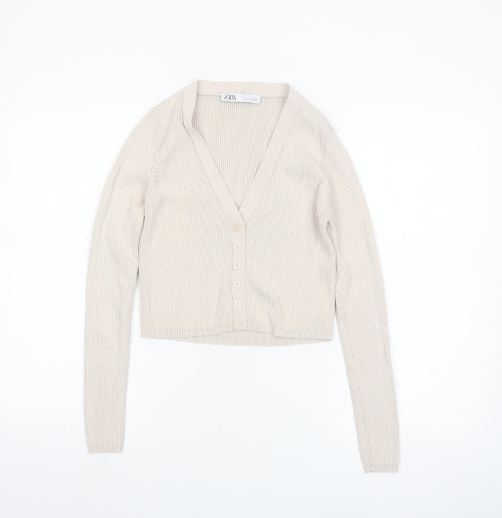 ZARA Women Beige V-Neck Slim Fit Knit Cardigan Size S