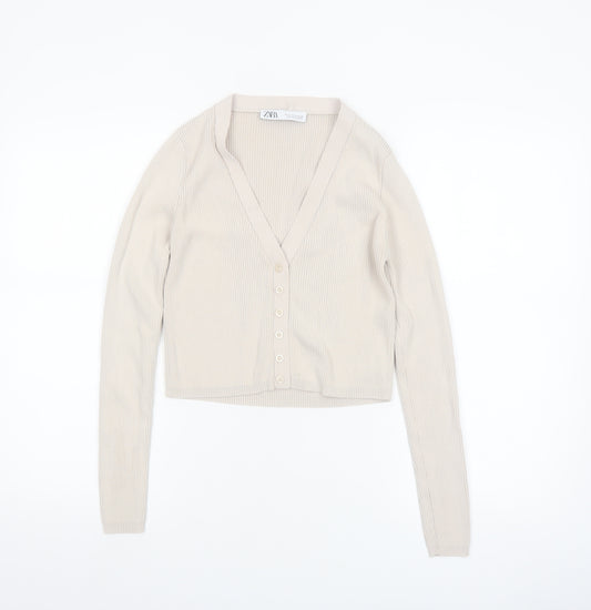 ZARA Women Beige V-Neck Slim Fit Knit Cardigan Size S