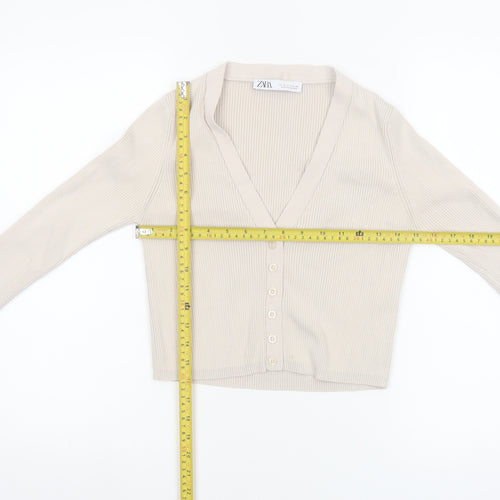 ZARA Women Beige V-Neck Slim Fit Knit Cardigan Size S