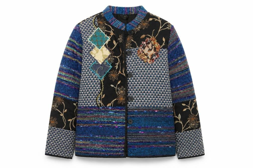 Front view of Julia Lin Women's Multicoloured Patchwork Jacket, size M, Bohemian Style