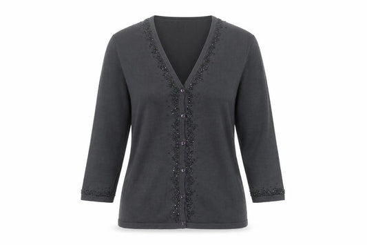 Front view of Marks & Spencer women’s pewter beaded silk cardigan uk 10
