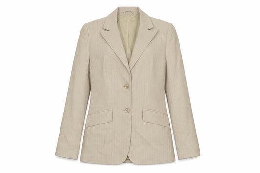 Front view of The Millennium Magic Beige Pinstripe Linen Blend Single-Breasted Blazer, size 8