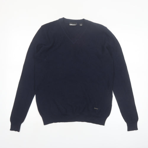 DKNY Men's Blue Wool Blend V-Neck Jumper M Classic Knit