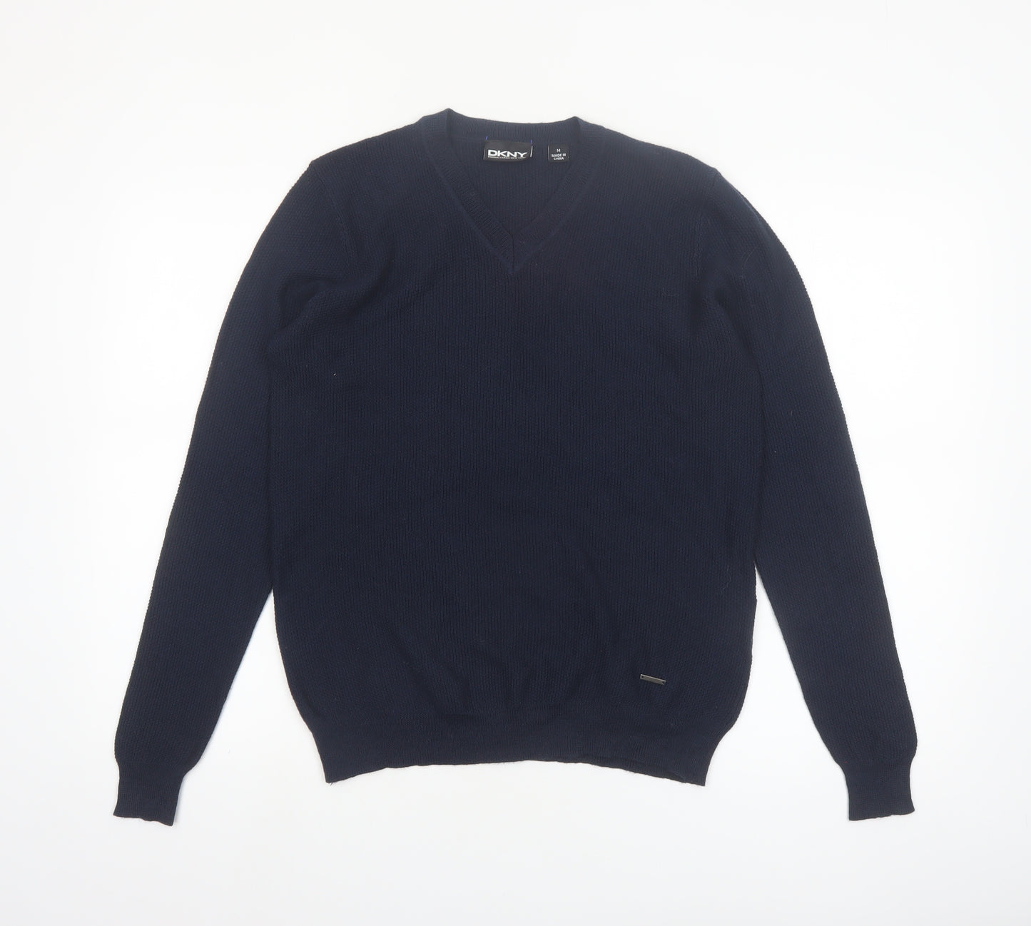 DKNY Men's Blue Wool Blend V-Neck Jumper M Classic Knit