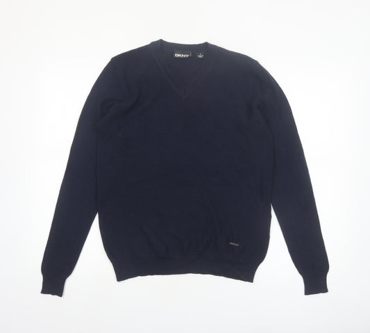DKNY Men's Blue Wool Blend V-Neck Jumper M Classic Knit