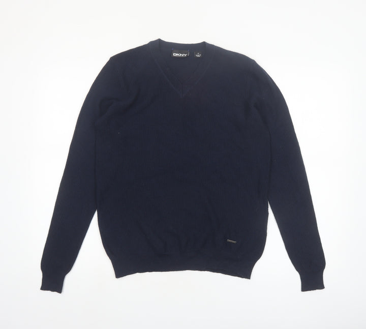 DKNY Men's Blue Wool Blend V-Neck Jumper M Classic Knit