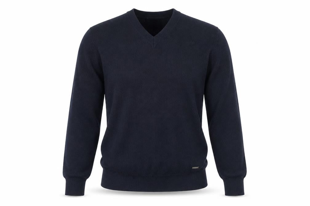 Front view of DKNY Men's Blue Wool Blend V-Neck Jumper M Classic Knit