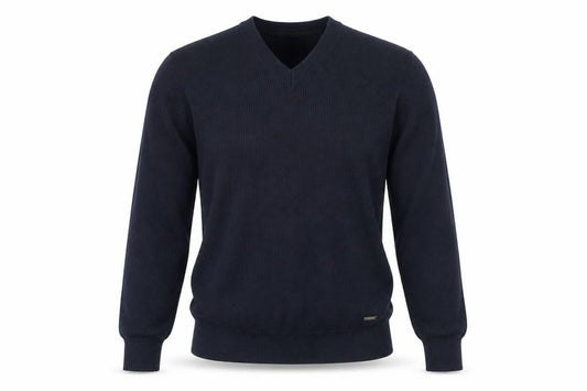 Front view of DKNY Men's Blue Wool Blend V-Neck Jumper M Classic Knit