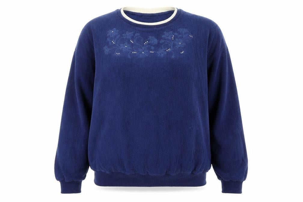 Front view of Alfred Dunner Women's Blue Pullover Sweatshirt, size M, Embroidered Fleece