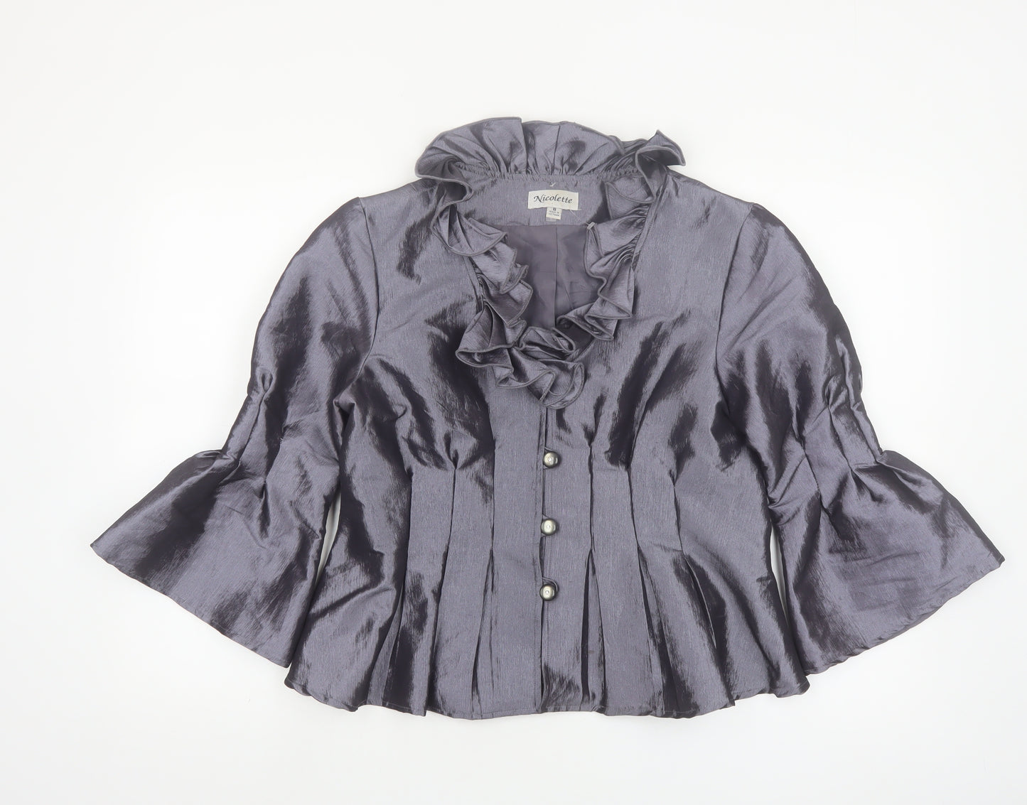 Nicolette Women's Grey Ruffle Satin Suit Jacket Size 8