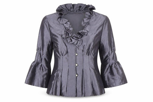 Front view of Nicolette Women's Grey Ruffle Satin Suit Jacket, size 8