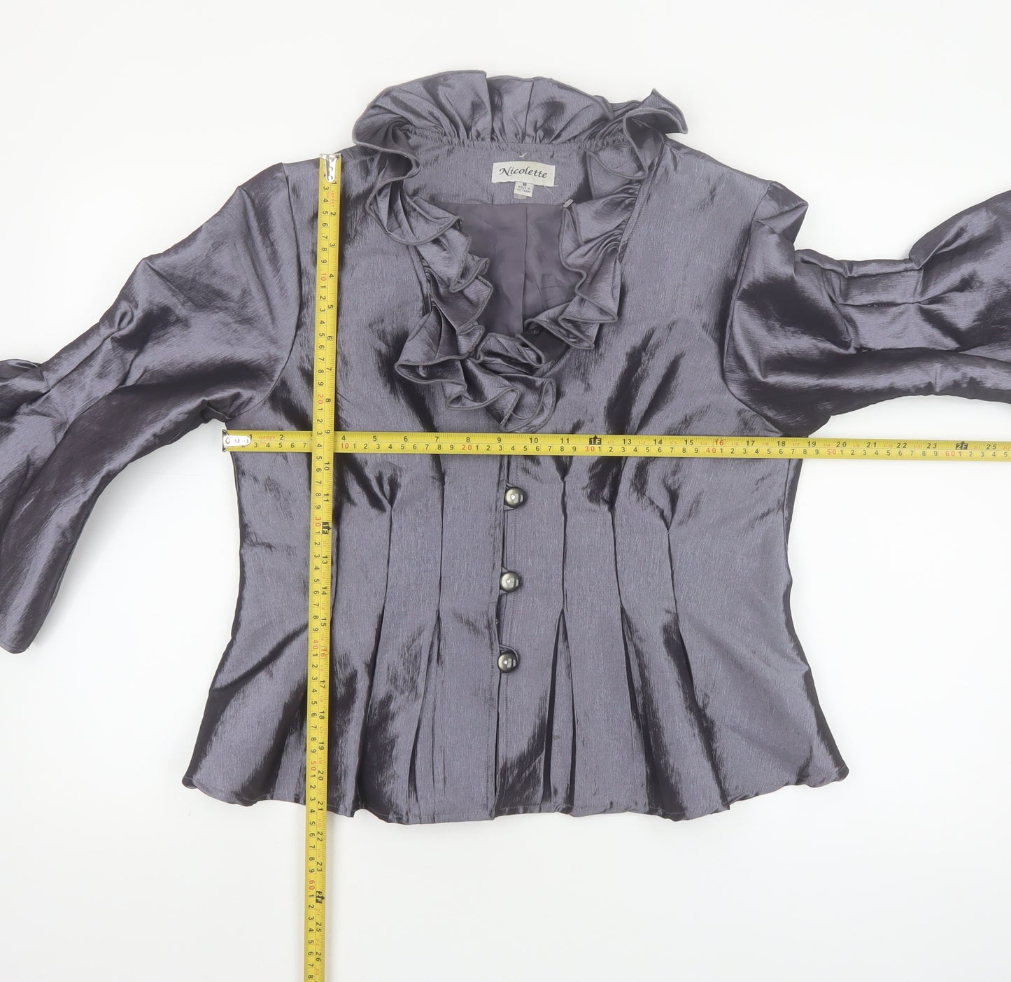 Nicolette Women's Grey Ruffle Satin Suit Jacket Size 8