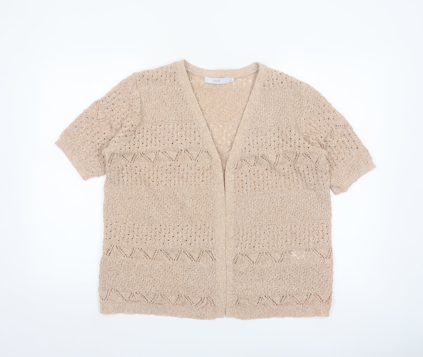 Isle Women Beige Open Knit Short Sleeve V-Neck Cardigan Size 14-16