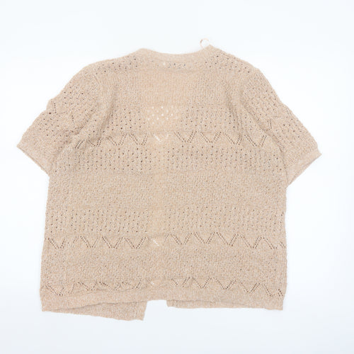Isle Women Beige Open Knit Short Sleeve V-Neck Cardigan Size 14-16