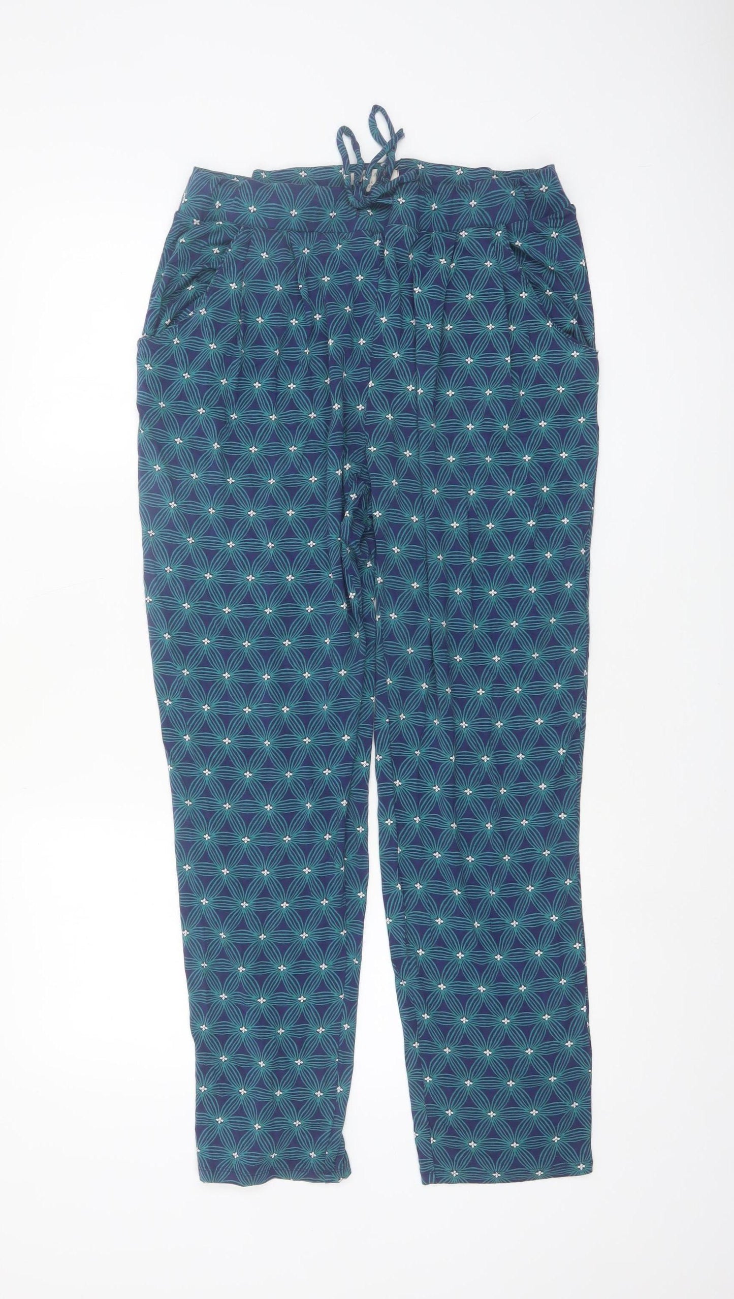 White Stuff Women’s Blue Geometric Drawstring Viscose Trousers Size 10