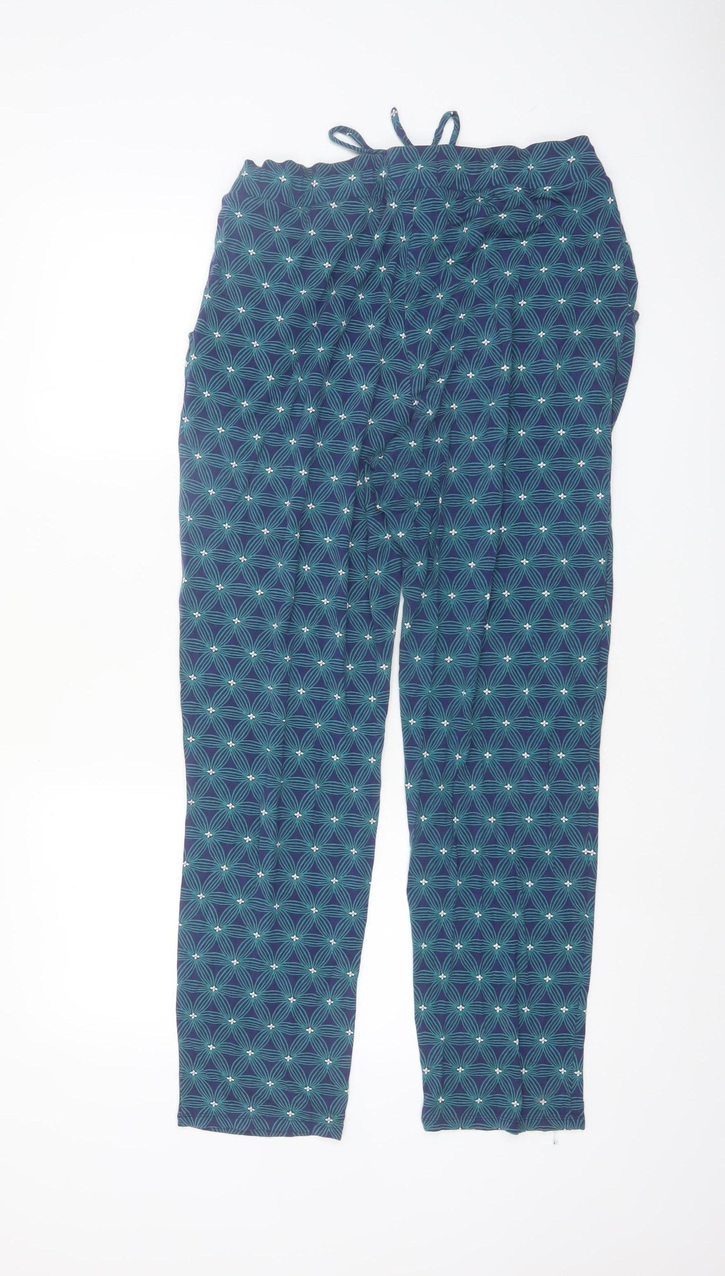 White Stuff Women’s Blue Geometric Drawstring Viscose Trousers Size 10