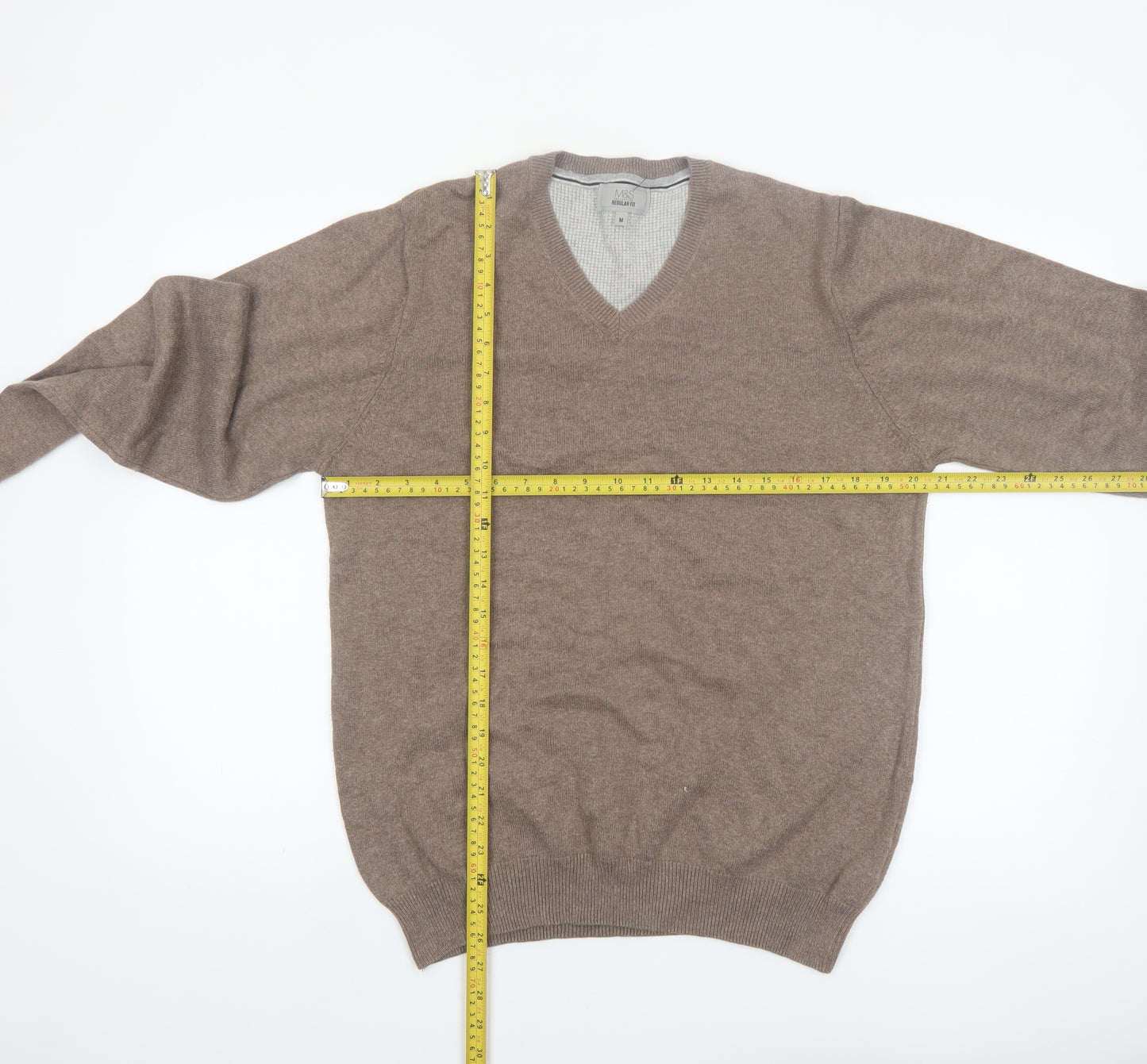 Marks and Spencer Men’s Brown Cotton V-Neck Jumper M Regular Fit
