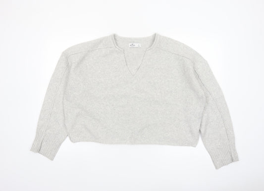 Hollister Women Grey Wool Blend V-Neck Relaxed Fit Jumper Size S