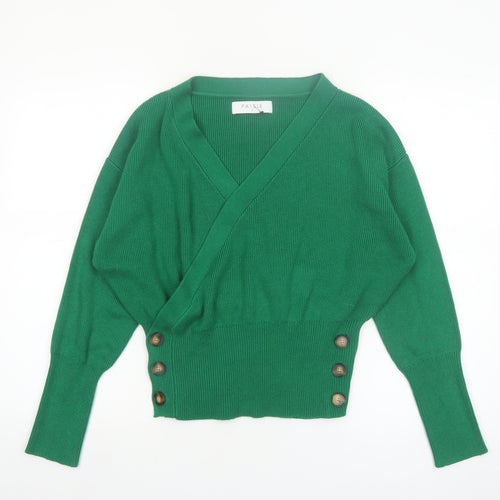 Paisie Women Green Wrap Jumper L V-Neck Long Sleeve Knit