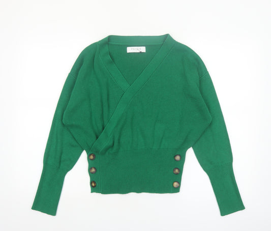 Paisie Women Green Wrap Jumper L V-Neck Long Sleeve Knit