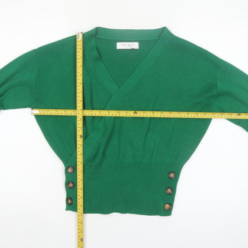 Paisie Women Green Wrap Jumper L V-Neck Long Sleeve Knit