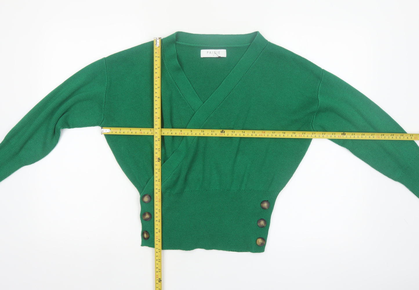 Paisie Women Green Wrap Jumper L V-Neck Long Sleeve Knit
