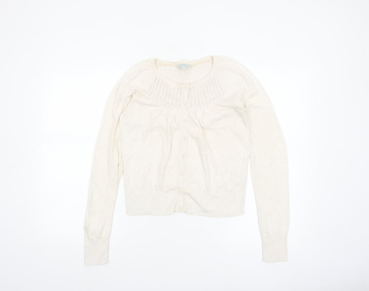 Fat Face Women Ivory Cotton Knit Cardigan Size 10 Classic Long Sleeve
