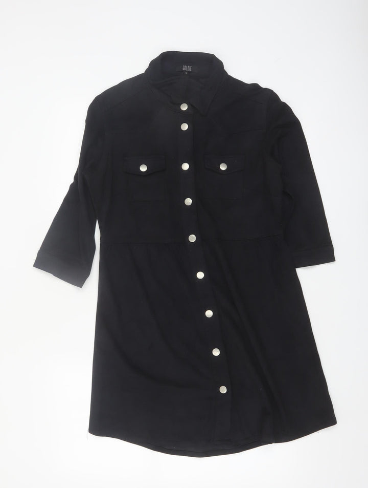 Goldie Women Black Shirt Dress S Polyester Button Stretch