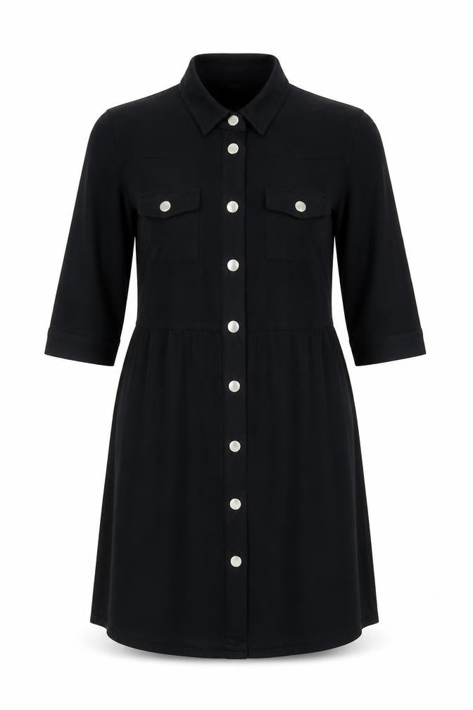 Front view of Goldie Women Black Shirt Dress S Polyester Button Stretch